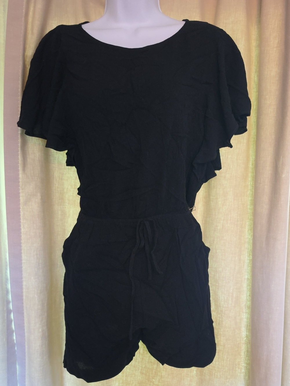 mittoshop Black Short Sleeve Drawstring Flutter Sleeve Romper